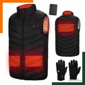 A SAISIR Gilet chauffant 4 zones - 3 modes de chauffe + Gants d'hiver + Batterie rechargeable - Noir