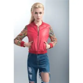 Blouson Cuir Bimatière Rouge pour Femme Manches Brodées Colorées