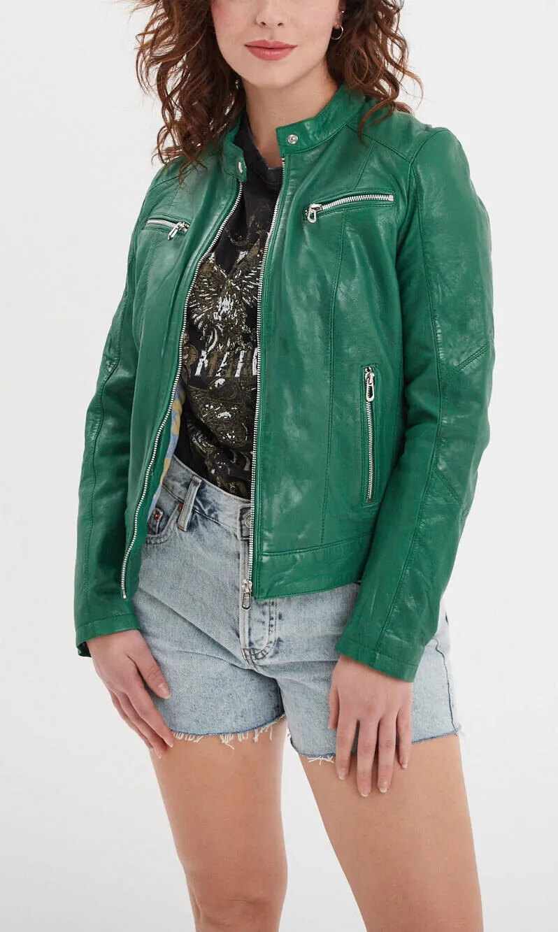 Blouson cuir femme style motard holly green