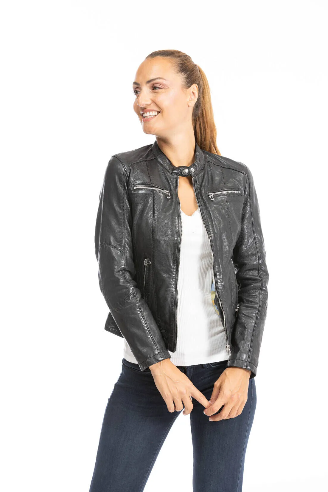 Blouson cuir femme style motard noir