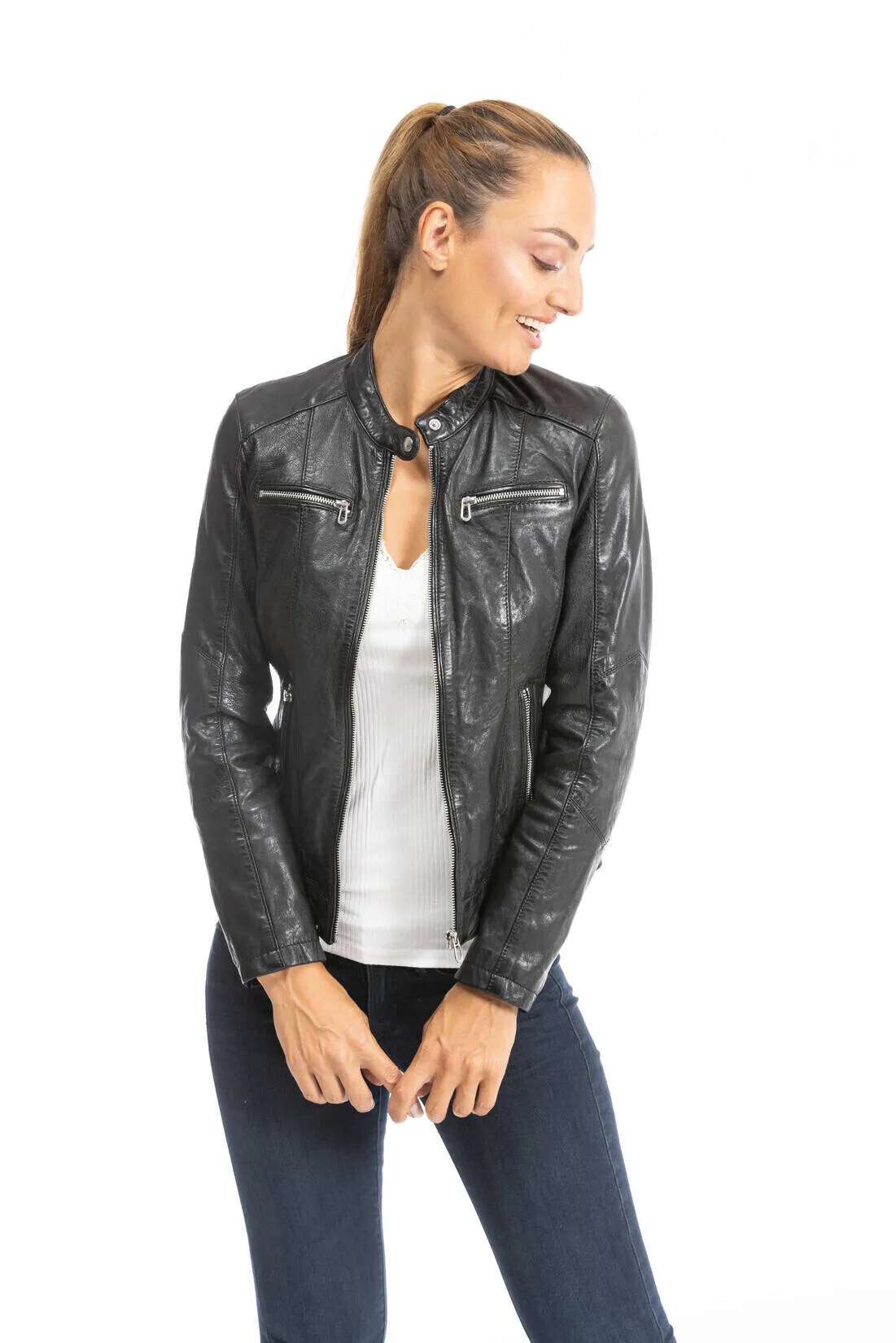 Blouson cuir femme style motard noir