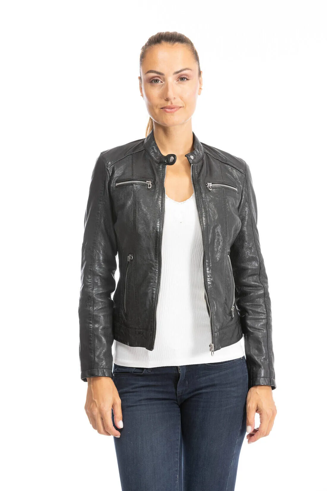 Blouson cuir femme style motard noir