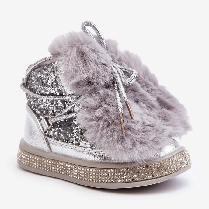 Bottines de neige enfant avec fourrure et paillettes, argent Bryana