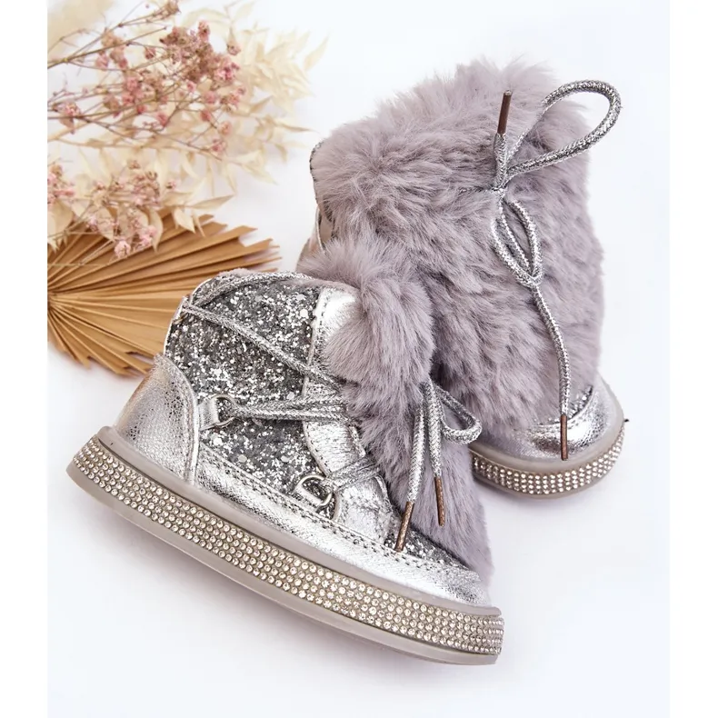 Bottines de neige enfant avec fourrure et paillettes, argent Bryana