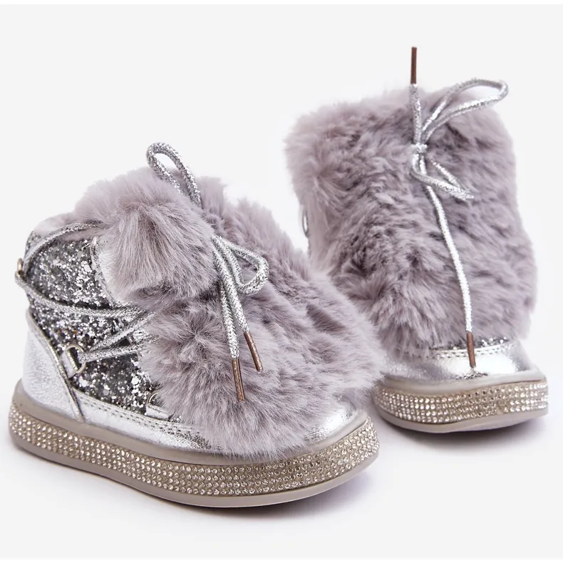 Bottines de neige enfant avec fourrure et paillettes, argent Bryana