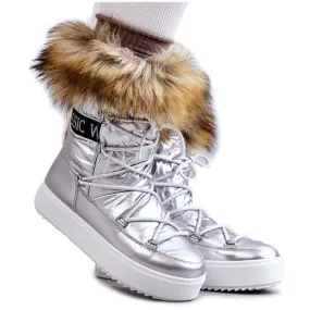 FM1 Bottes de neige à lacets argentées pour femmes Santero