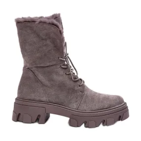 PS1 Bottines À Lacets En Daim Avec Fourrure Gris Frendo