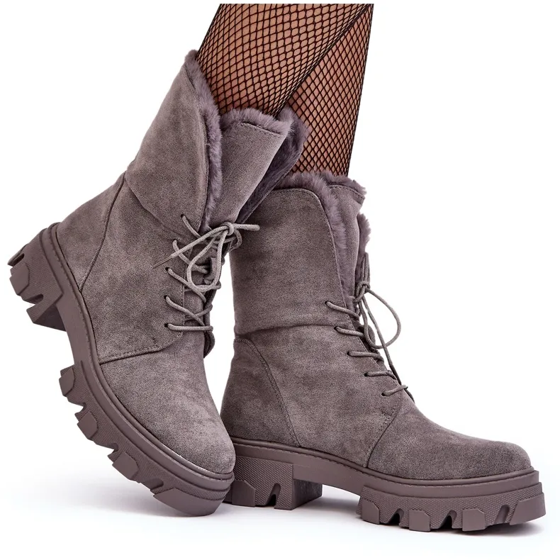 PS1 Bottines À Lacets En Daim Avec Fourrure Gris Frendo