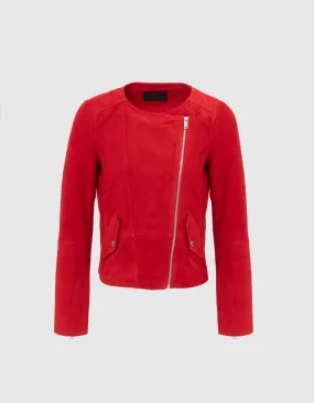 Veste courte en cuir velours rouge esprit motard Femme