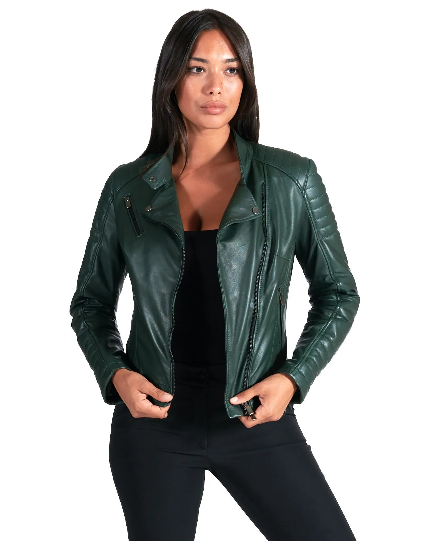 Veste cuir femme vetse motard cuir matelassée vert Karim