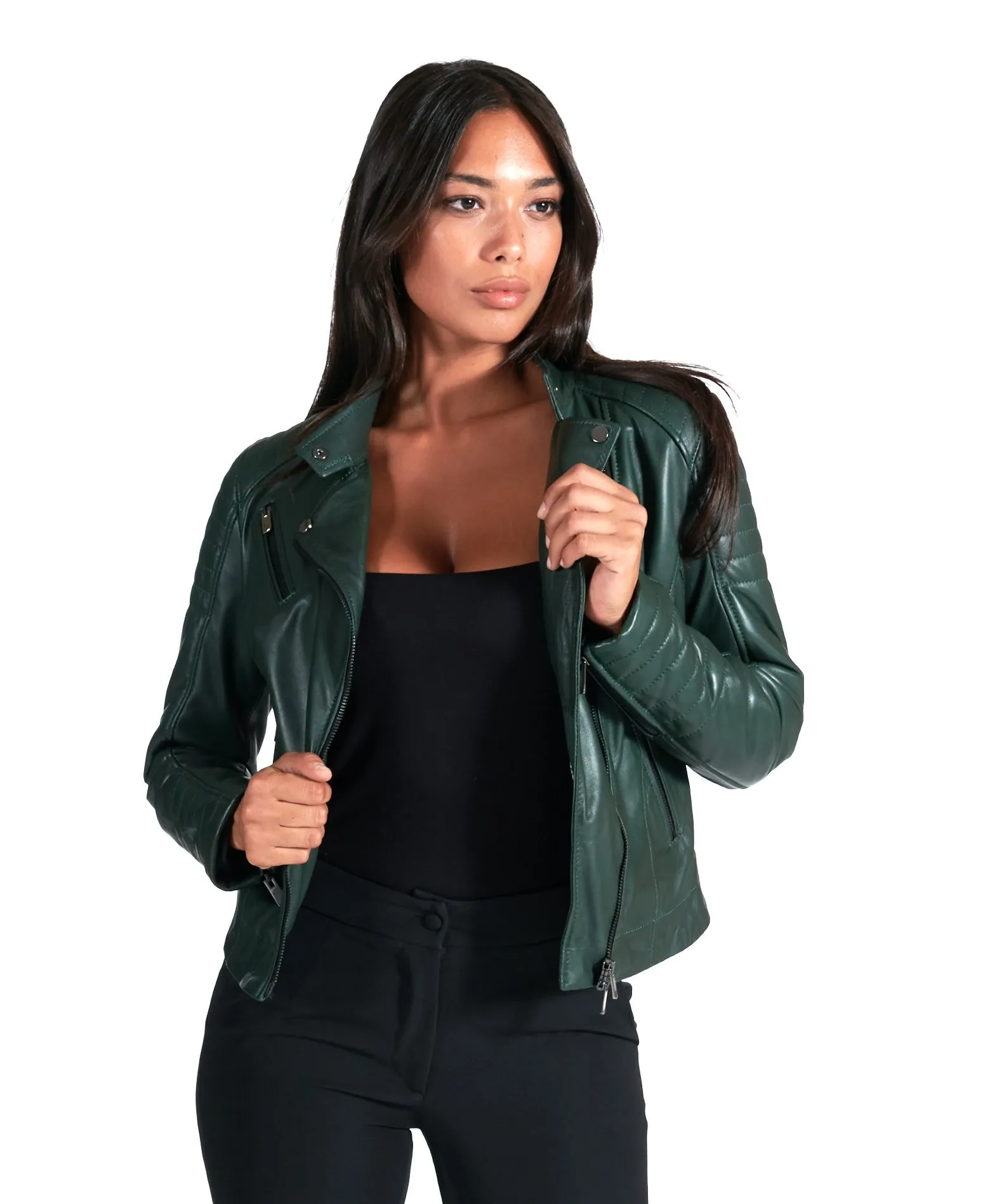 Veste cuir femme vetse motard cuir matelassée vert Karim