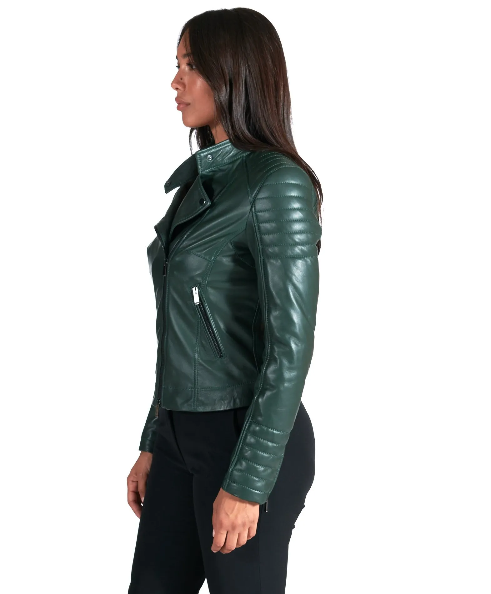 Veste cuir femme vetse motard cuir matelassée vert Karim