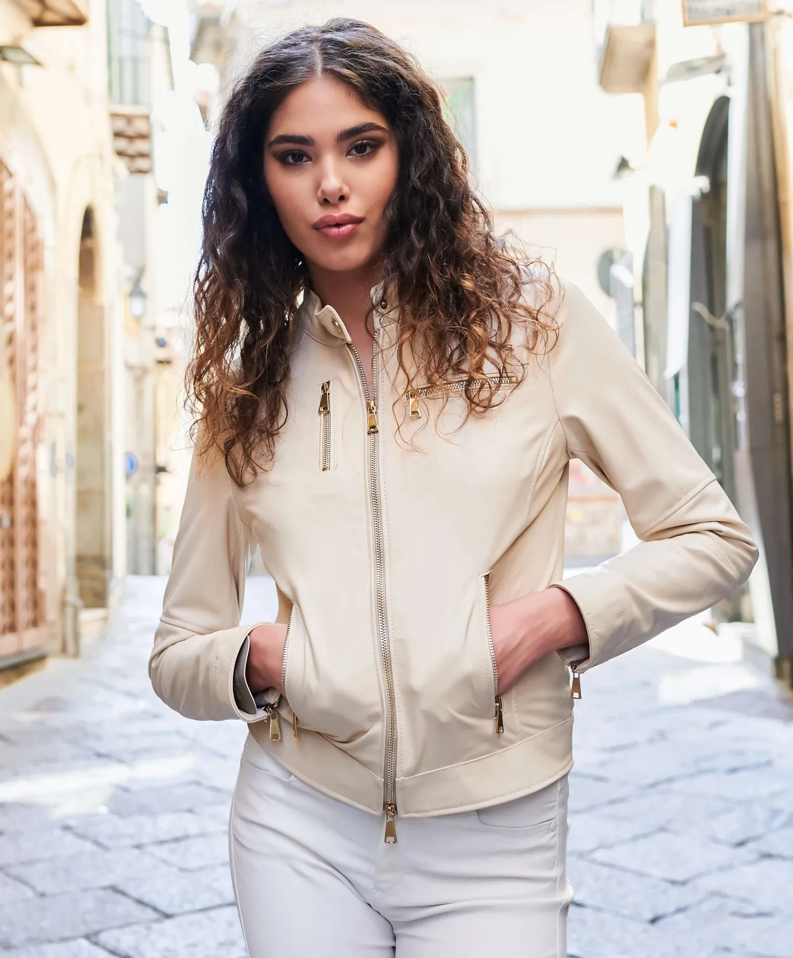 Veste en cuir femme style motard blouson cuir beige Giulia