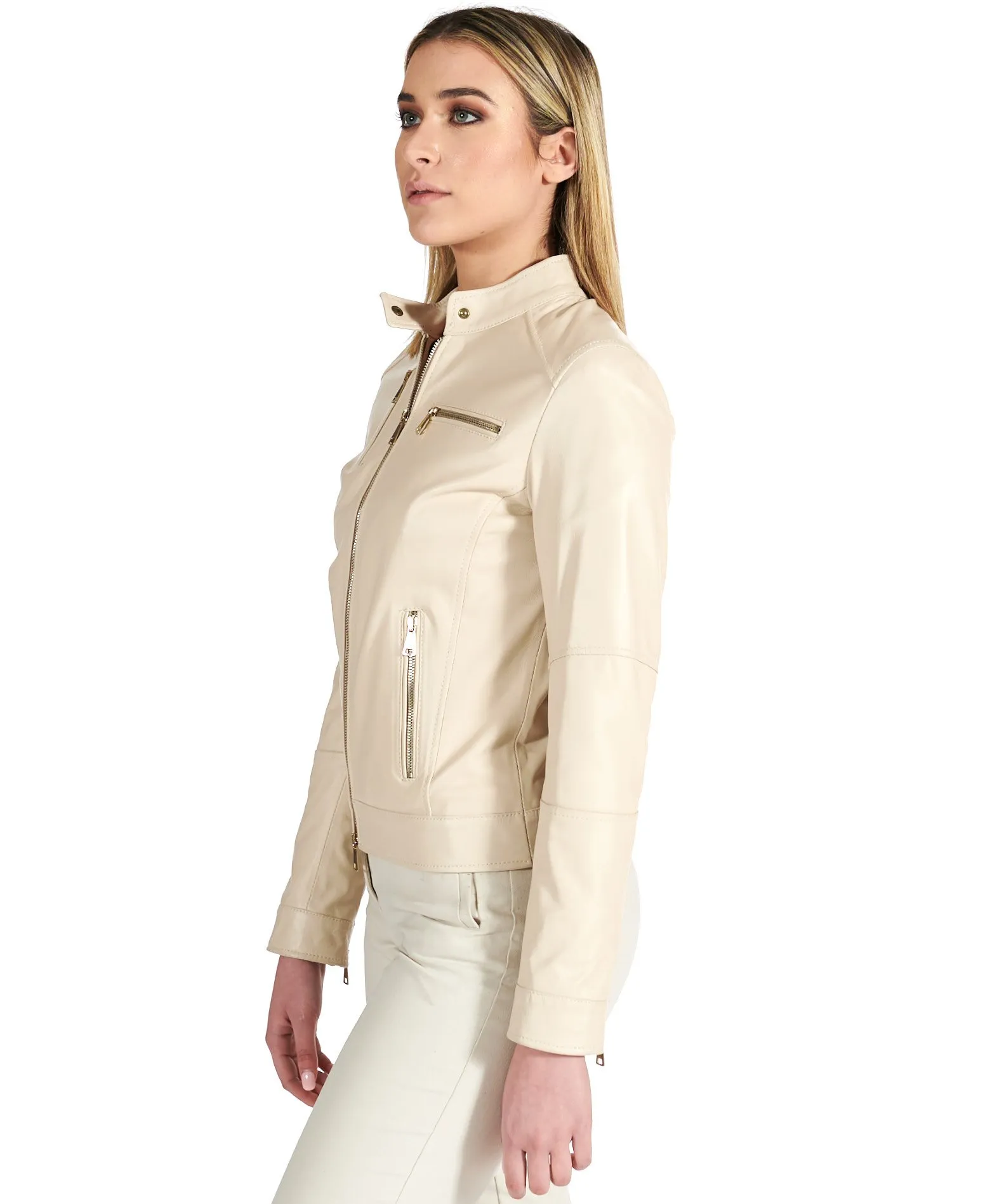 Veste en cuir femme style motard blouson cuir beige Giulia