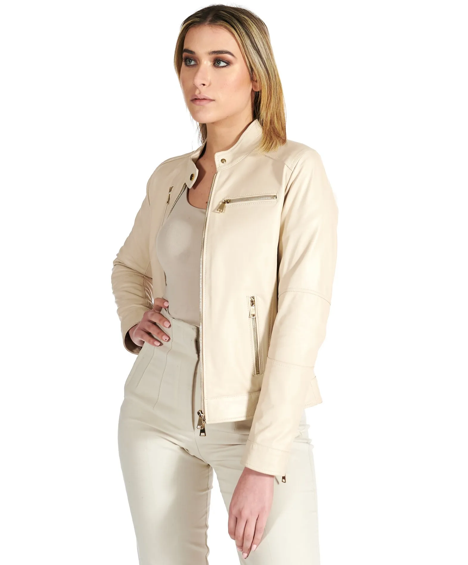 Veste en cuir femme style motard blouson cuir beige Giulia