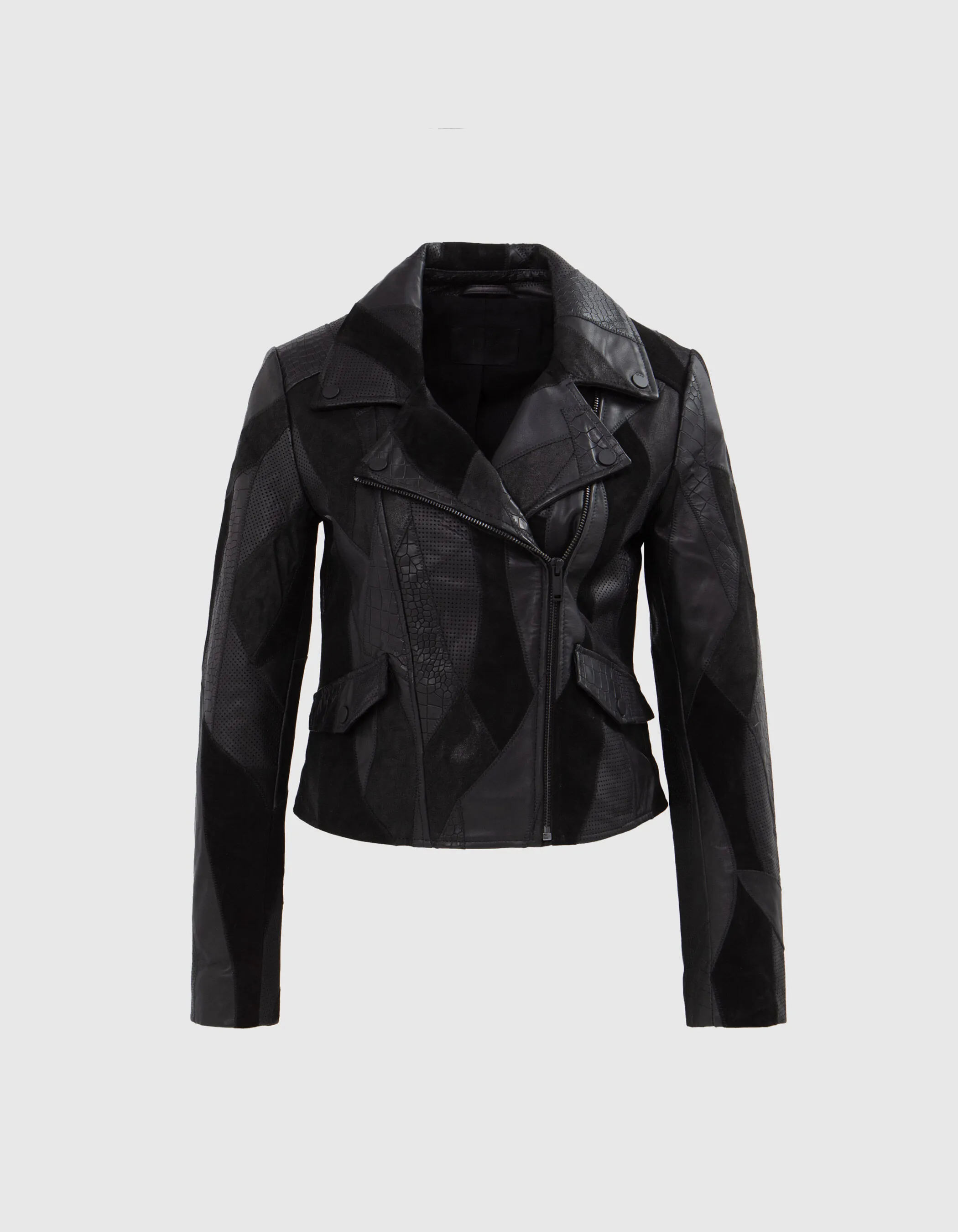 Veste en cuir noire esprit motard effet patchwork Femme