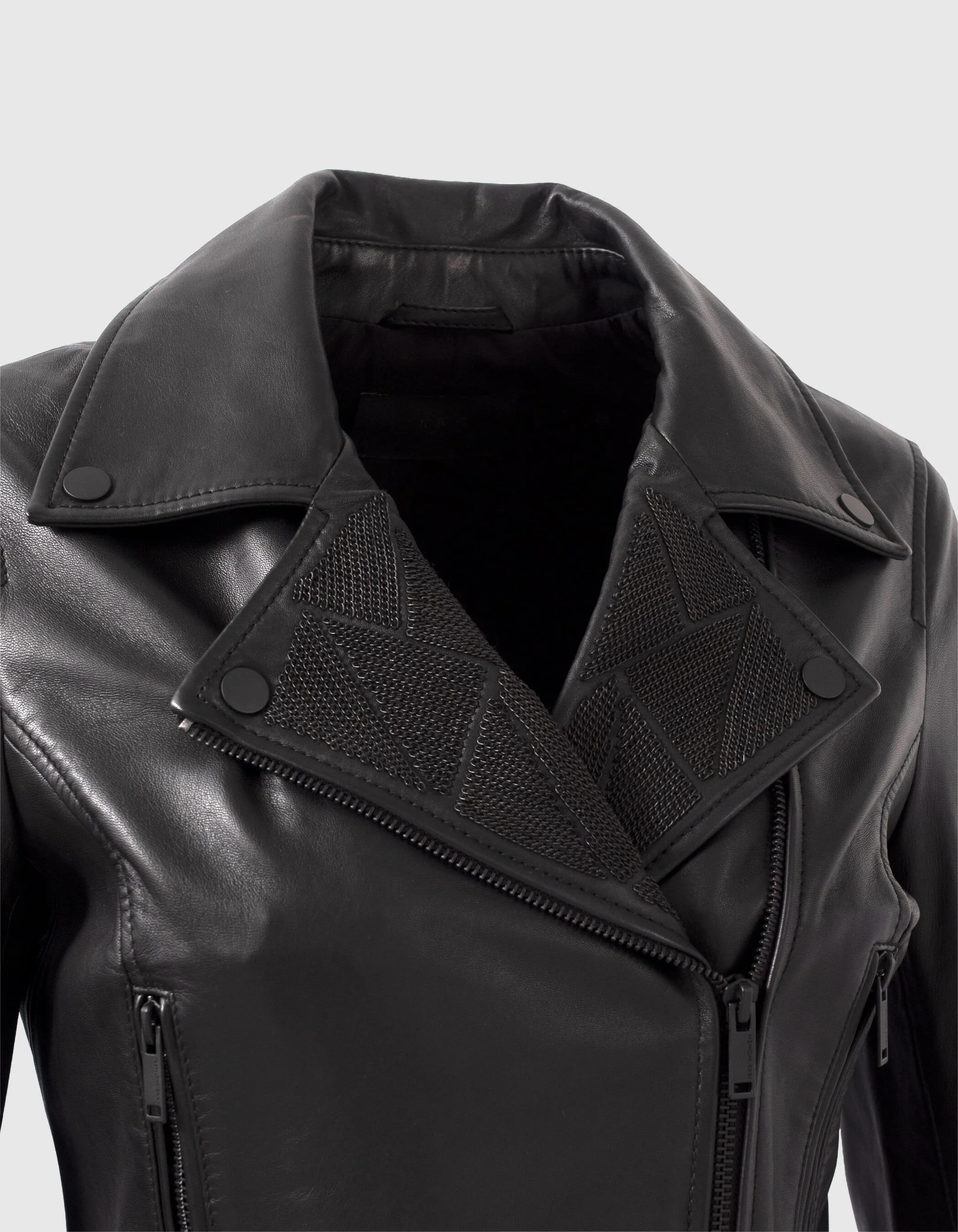 Veste noire en cuir esprit motard décor chaînettes Femme