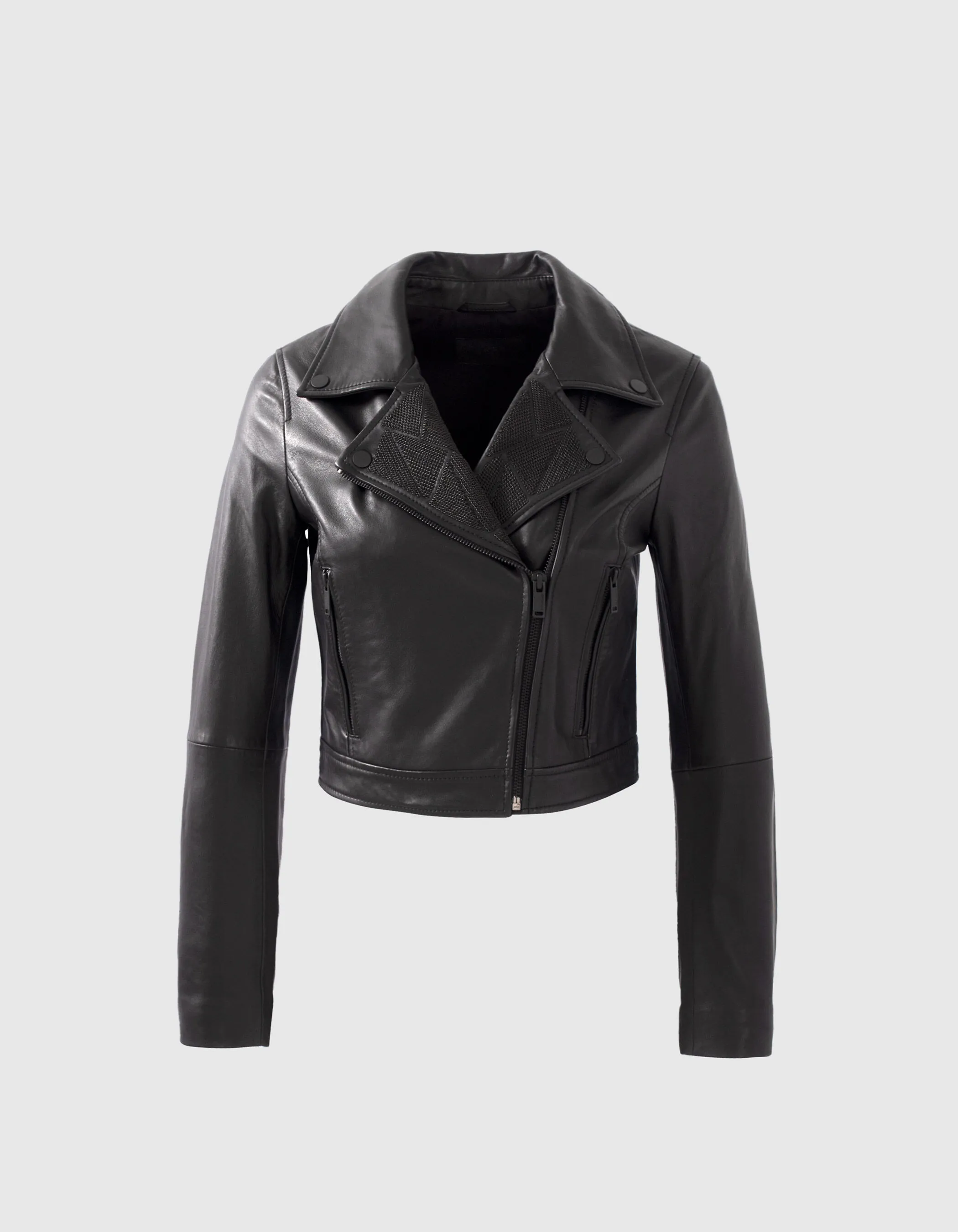 Veste noire en cuir esprit motard décor chaînettes Femme